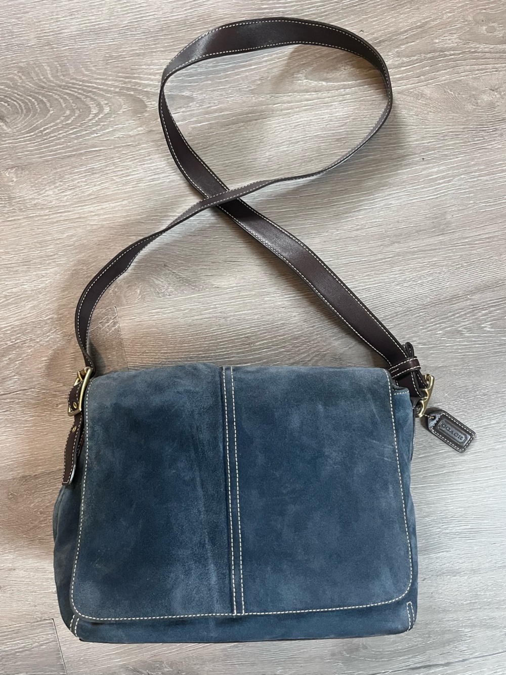vintage Coach Hampton Soft Flap Bag in slate blue suede (style #9578)